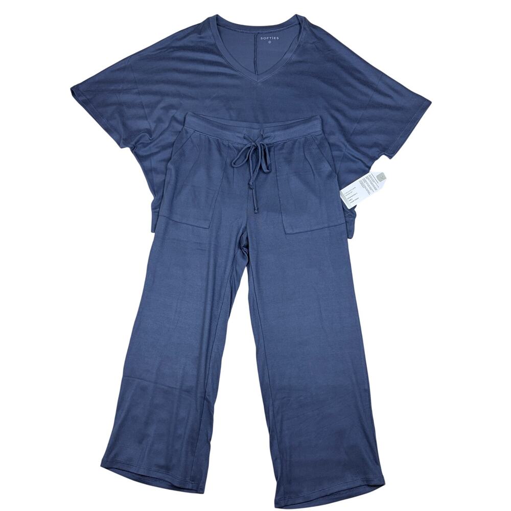 Softies Women's V-Neck with Capri Lounge Set Indigo Blue Pajamas Small